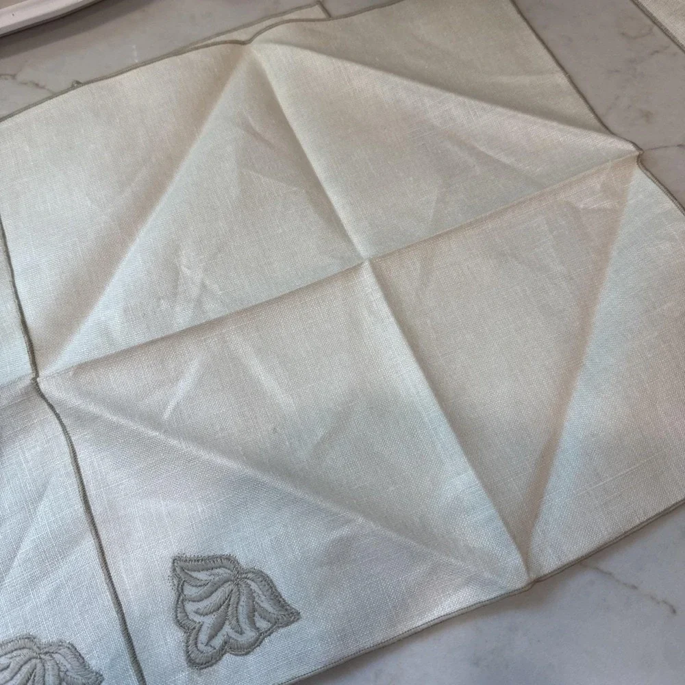 6 Vintage Linen Napkins Tone on Tone Embroidered Floral Tulip Farmhouse table